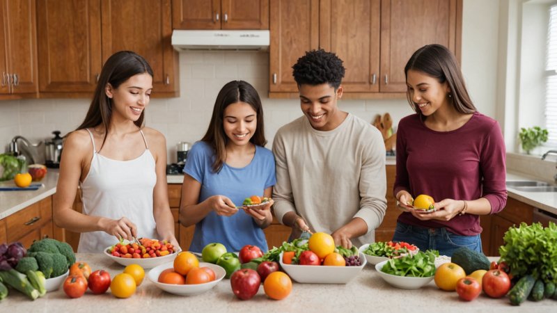 hälsosam kost, tonåringar, näring, balanserad kost, familjemåltider, portionskontroll